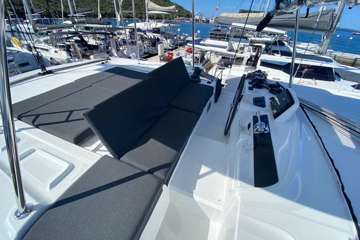 Deck of Penelope, a Lagoon 46 catamaran at Olbia, Italy