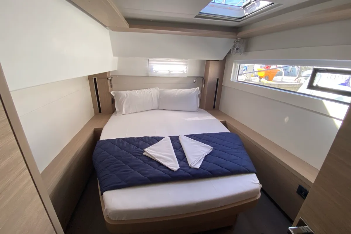 Cabin on Penelope, a Lagoon 46 catamaran at Olbia, Italy