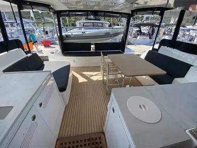 Deck of Penelope, a Lagoon 46 catamaran at Olbia, Italy