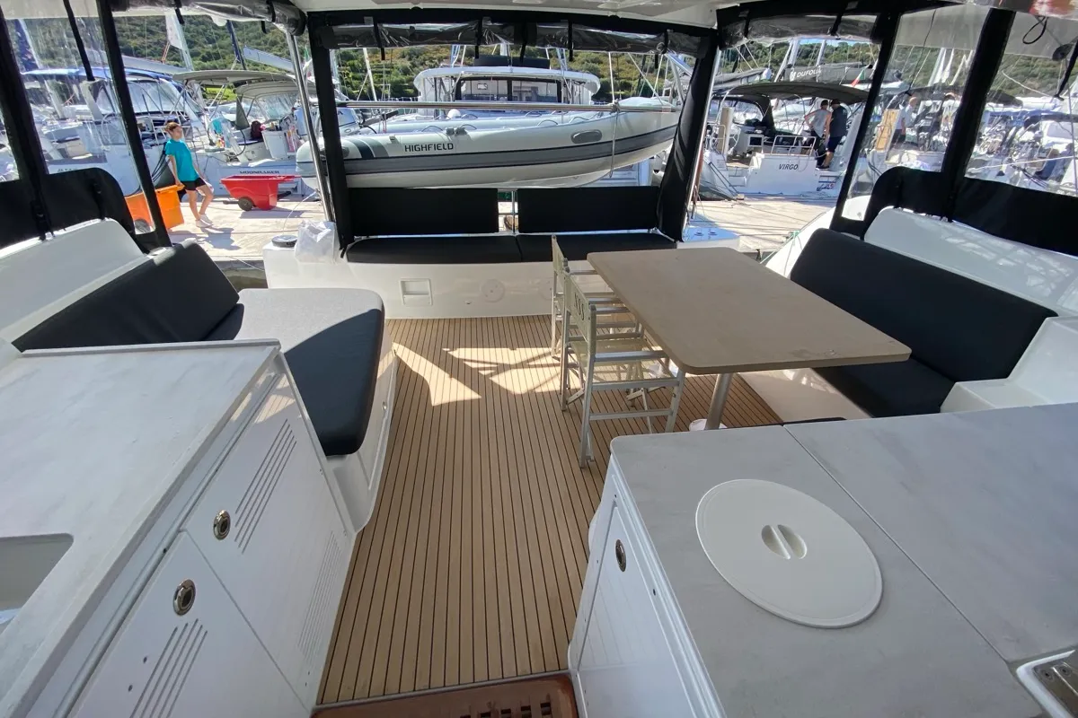 Deck of Penelope, a Lagoon 46 catamaran at Olbia, Italy
