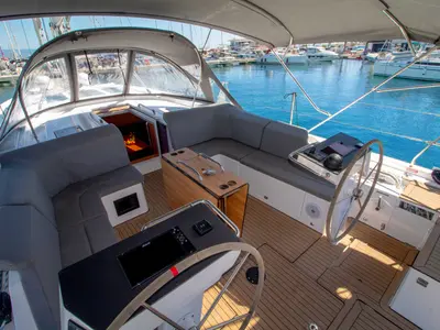 Cockpit of Sestrica Vela, a Bavaria C46 sailboat at Split, Croatia