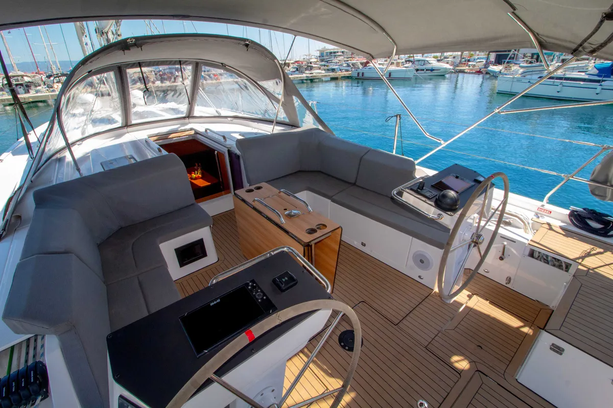 Cockpit of Sestrica Vela, a Bavaria C46 sailboat at Split, Croatia