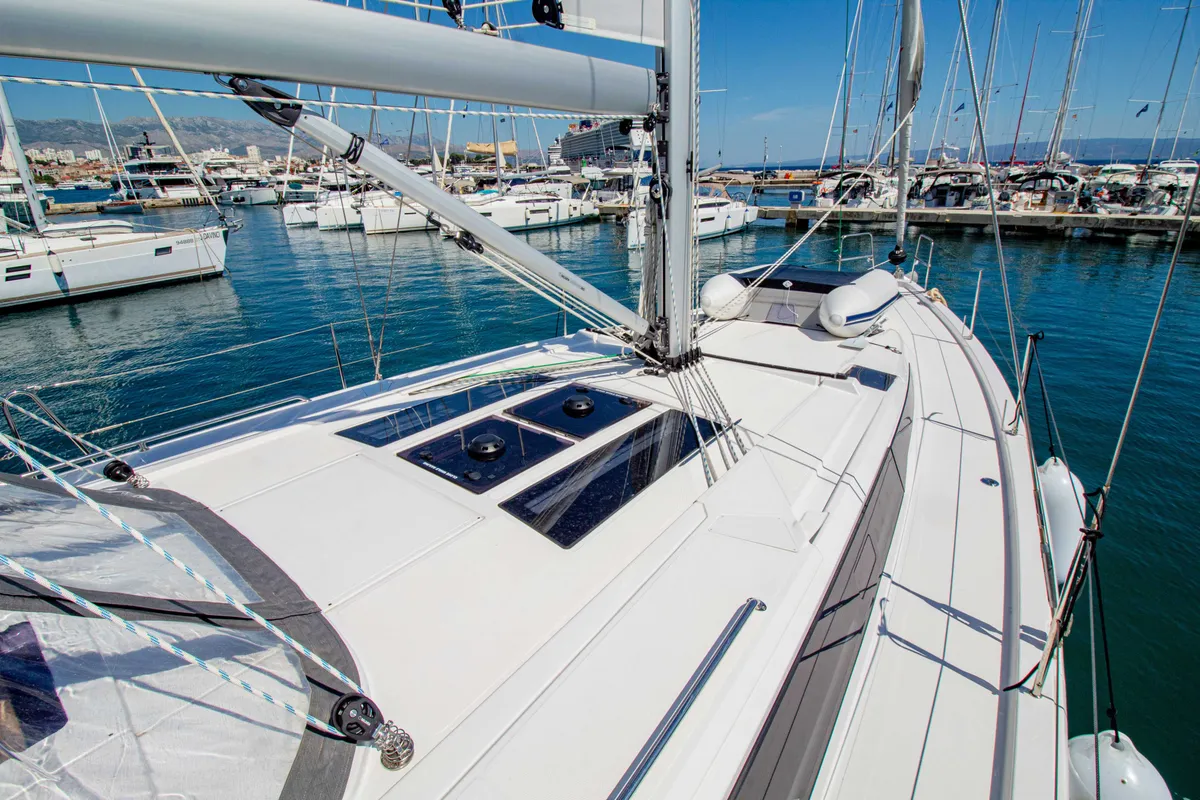 Deck of Sestrica Vela, a Bavaria C46 sailboat at Split, Croatia