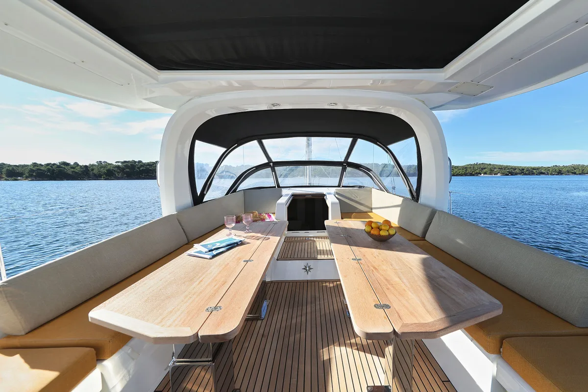 Cockpit of Friends, a Jeanneau 60 sailboat at Seget Donji, Croatia