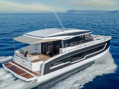 Exterior view of KIKA, a Fountaine Pajot MY4.S catamaran at Lavrion, Greece