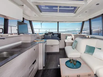 Salon of KIKA, a Fountaine Pajot MY4.S catamaran at Lavrion, Greece