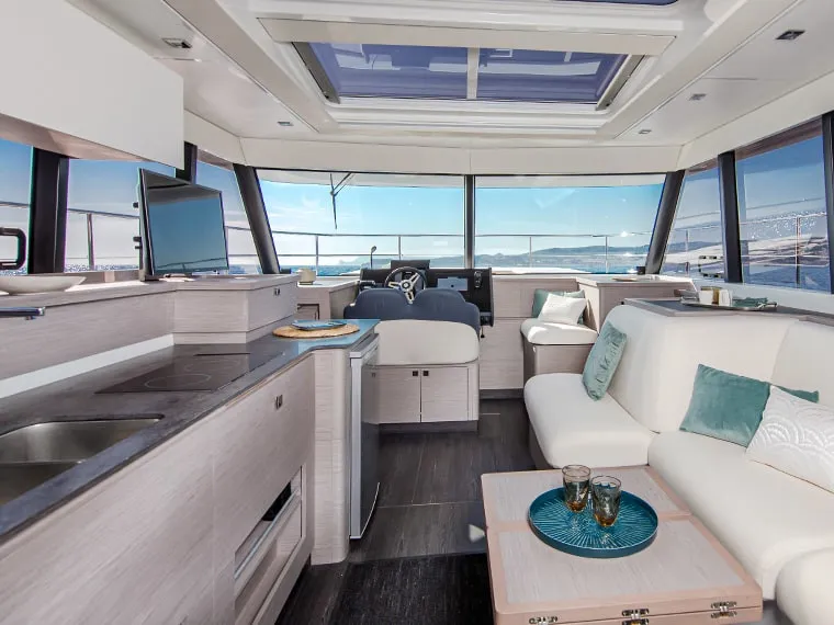 Salon of KIKA, a Fountaine Pajot MY4.S catamaran at Lavrion, Greece
