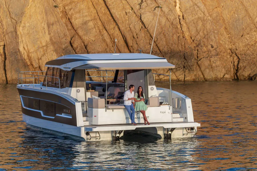 Exterior view of KIKA, a Fountaine Pajot MY4.S catamaran at Lavrion, Greece