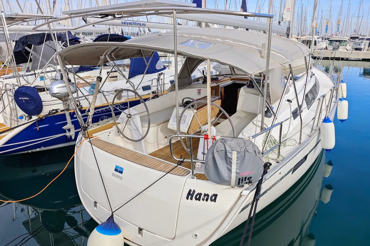 Exterior view of Hana, a Bavaria Cruiser 37 sailboat at Sukošan, Croatia