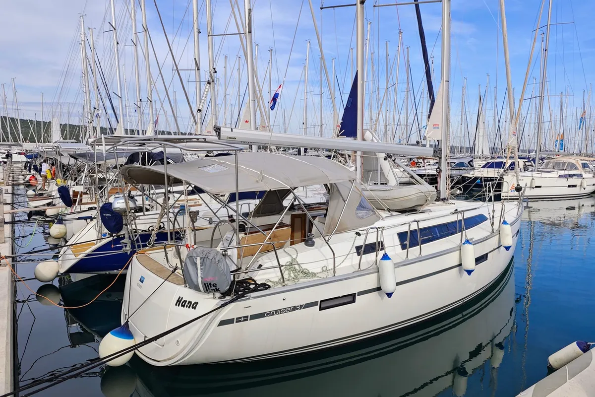 Exterior view of Hana, a Bavaria Cruiser 37 sailboat at Sukošan, Croatia