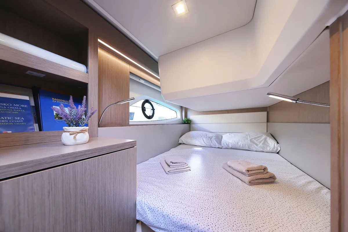 Cabin on Tireless, a Sealine C390 motor yacht at Grad Kaštela, Croatia