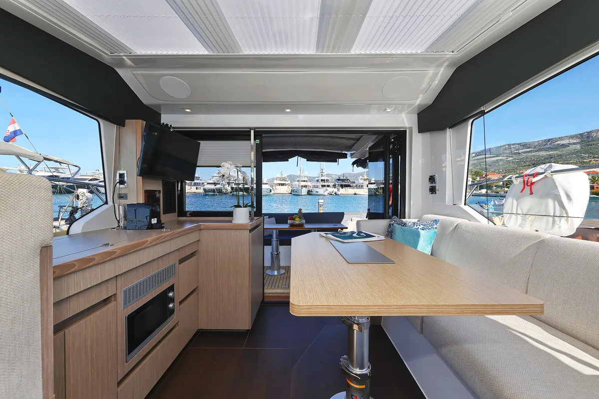 Salon of Tireless, a Sealine C390 motor yacht at Grad Kaštela, Croatia