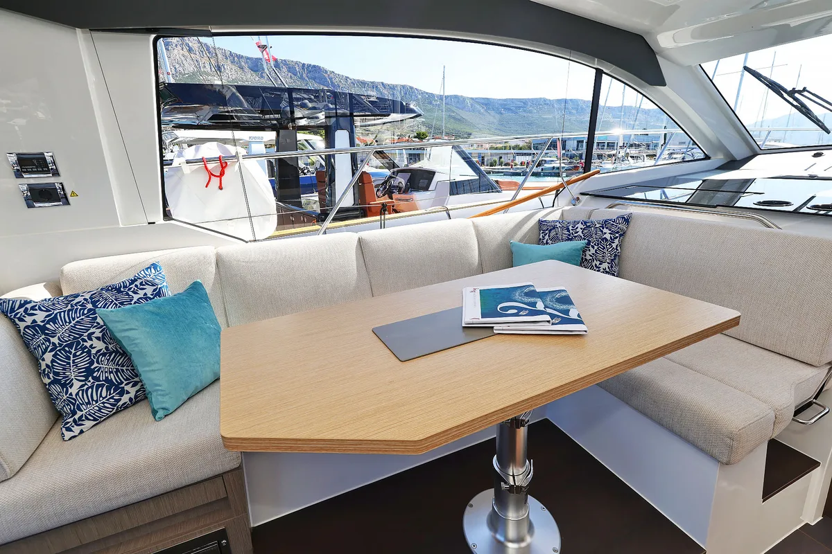 Salon of Tireless, a Sealine C390 motor yacht at Grad Kaštela, Croatia