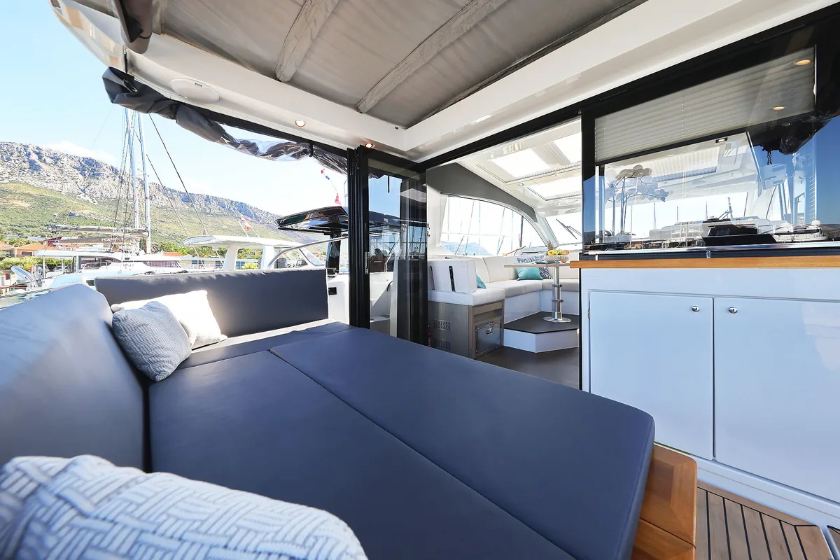 Deck of Tireless, a Sealine C390 motor yacht at Grad Kaštela, Croatia