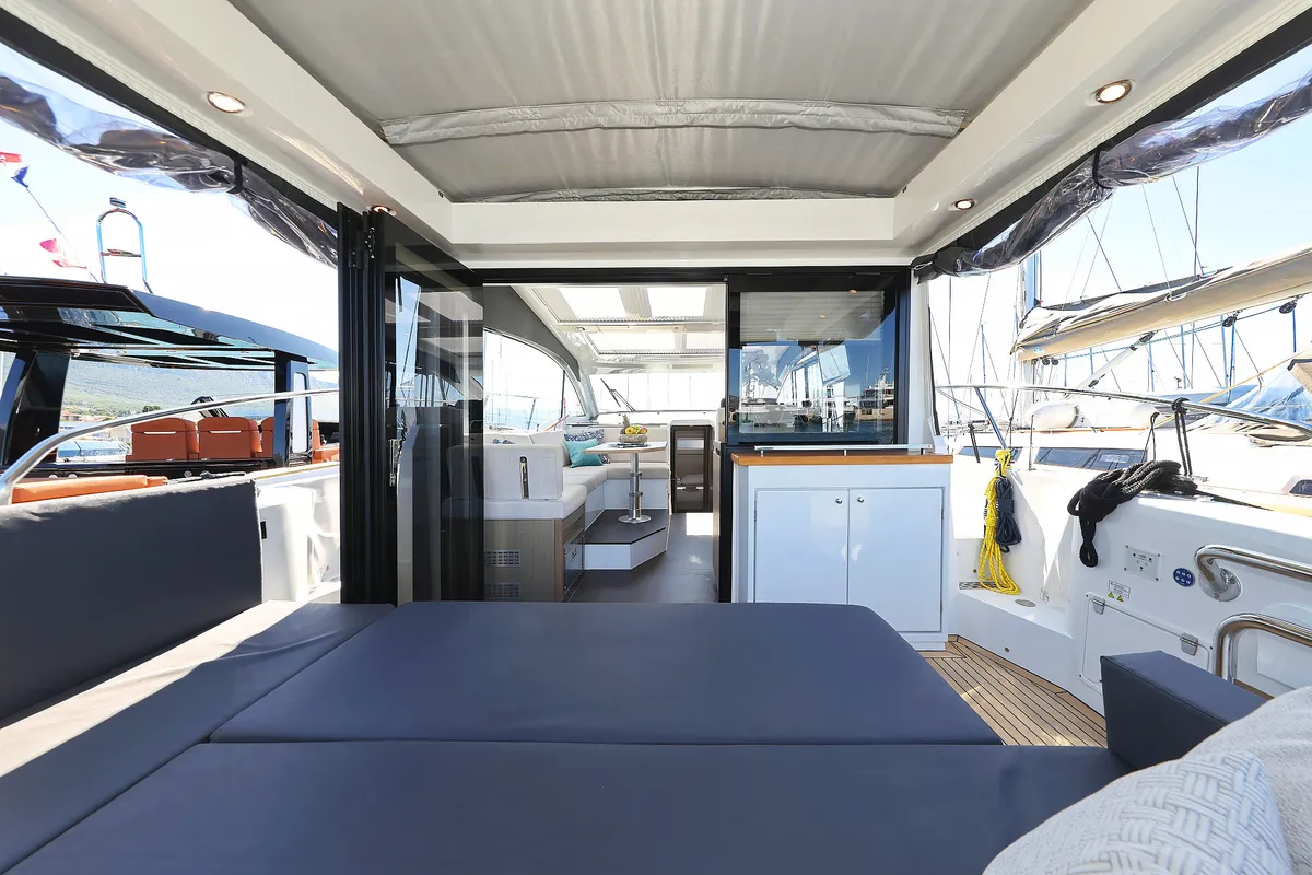 Deck of Tireless, a Sealine C390 motor yacht at Grad Kaštela, Croatia
