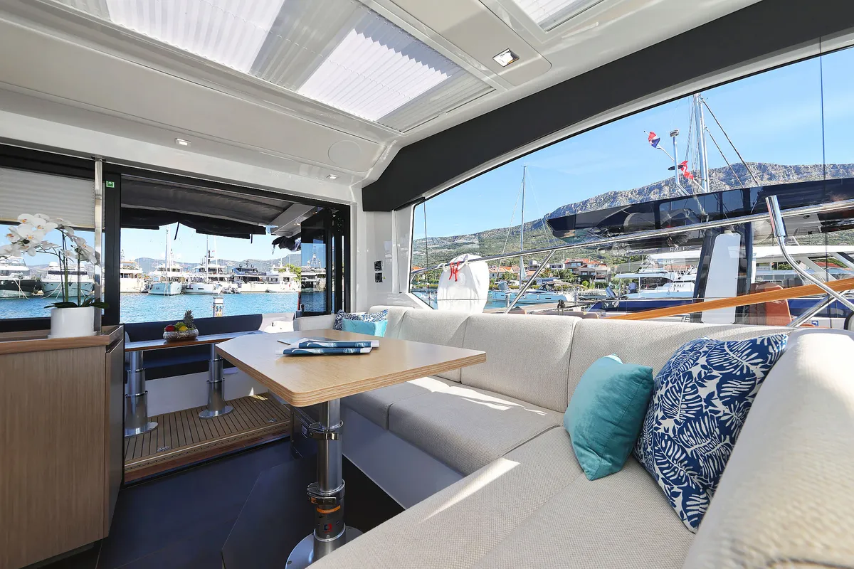 Salon of Tireless, a Sealine C390 motor yacht at Grad Kaštela, Croatia