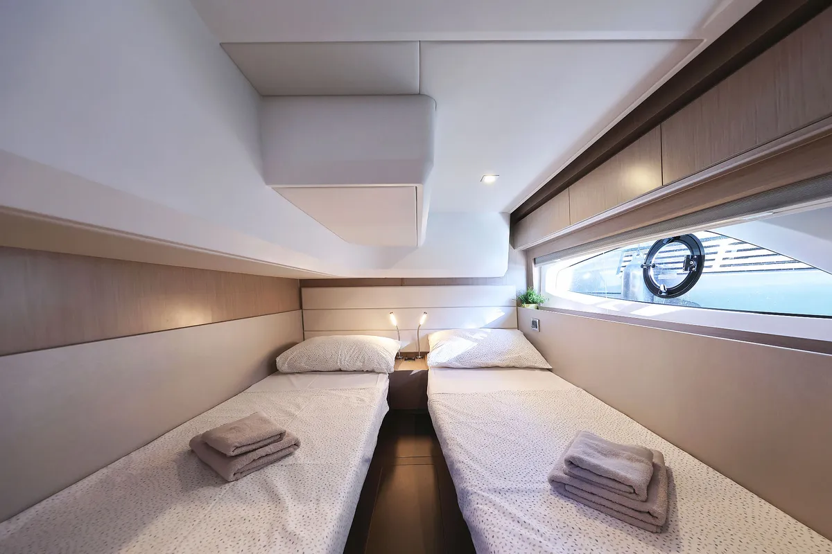 Cabin on Tireless, a Sealine C390 motor yacht at Grad Kaštela, Croatia