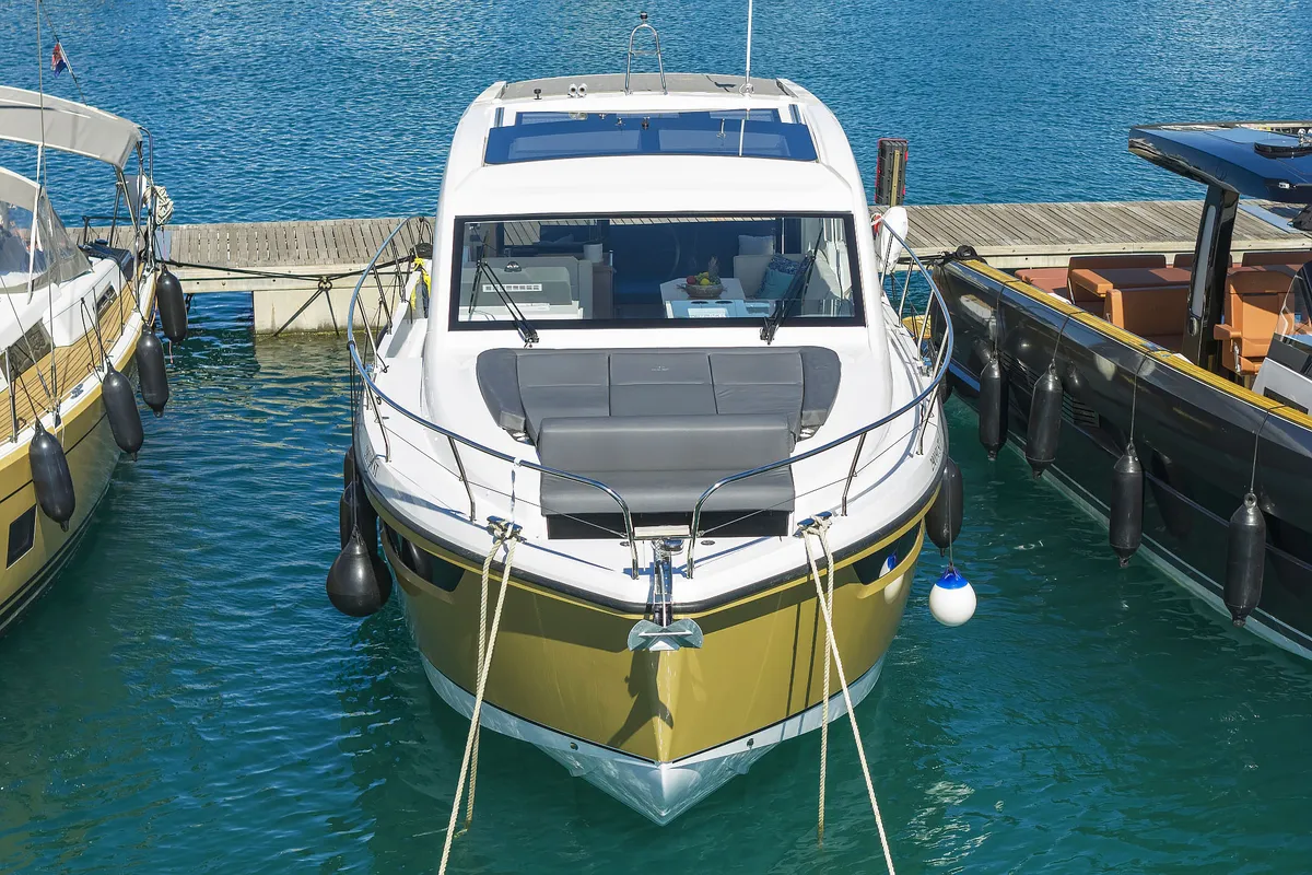 Exterior view of Tireless, a Sealine C390 motor yacht at Grad Kaštela, Croatia