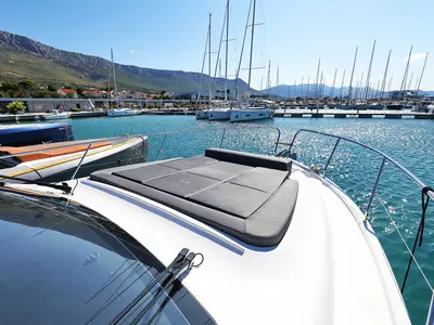Deck of Tireless, a Sealine C390 motor yacht at Grad Kaštela, Croatia