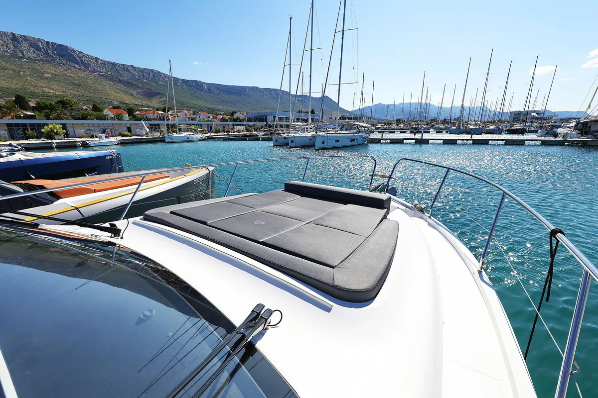 Deck of Tireless, a Sealine C390 motor yacht at Grad Kaštela, Croatia