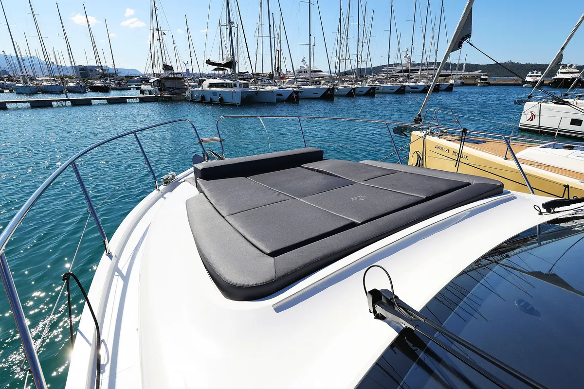 Deck of Tireless, a Sealine C390 motor yacht at Grad Kaštela, Croatia