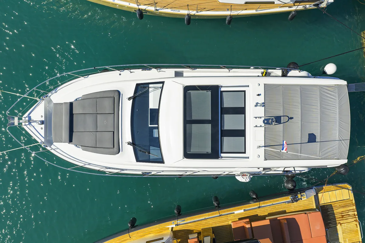 Exterior view of Tireless, a Sealine C390 motor yacht at Grad Kaštela, Croatia