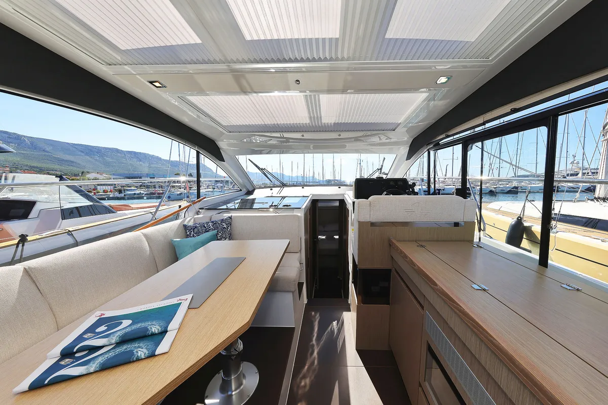 Salon of Tireless, a Sealine C390 motor yacht at Grad Kaštela, Croatia
