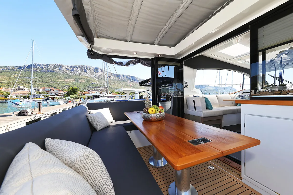 Deck of Tireless, a Sealine C390 motor yacht at Grad Kaštela, Croatia