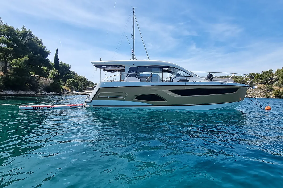 Exterior view of Tireless, a Sealine C390 motor yacht at Grad Kaštela, Croatia