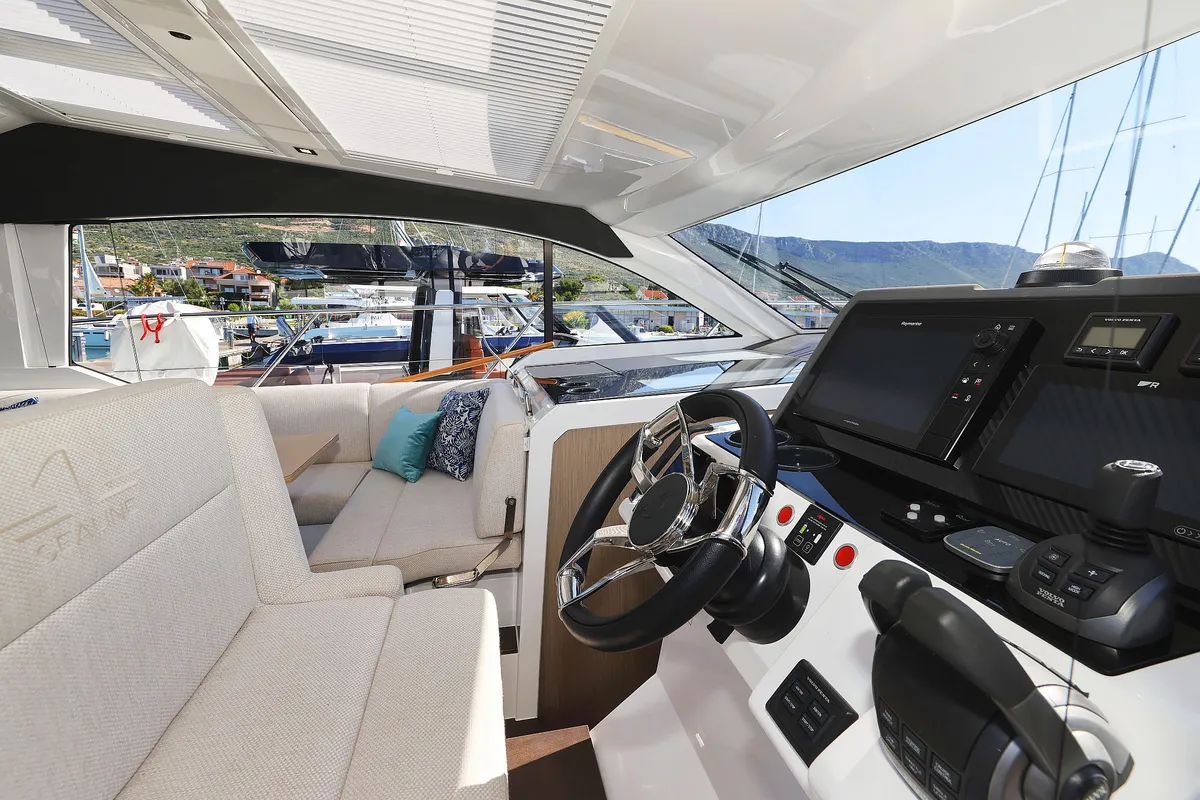 Cockpit of Tireless, a Sealine C390 motor yacht at Grad Kaštela, Croatia