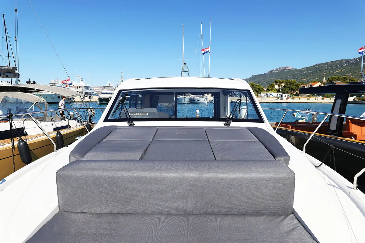 Deck of Tireless, a Sealine C390 motor yacht at Grad Kaštela, Croatia