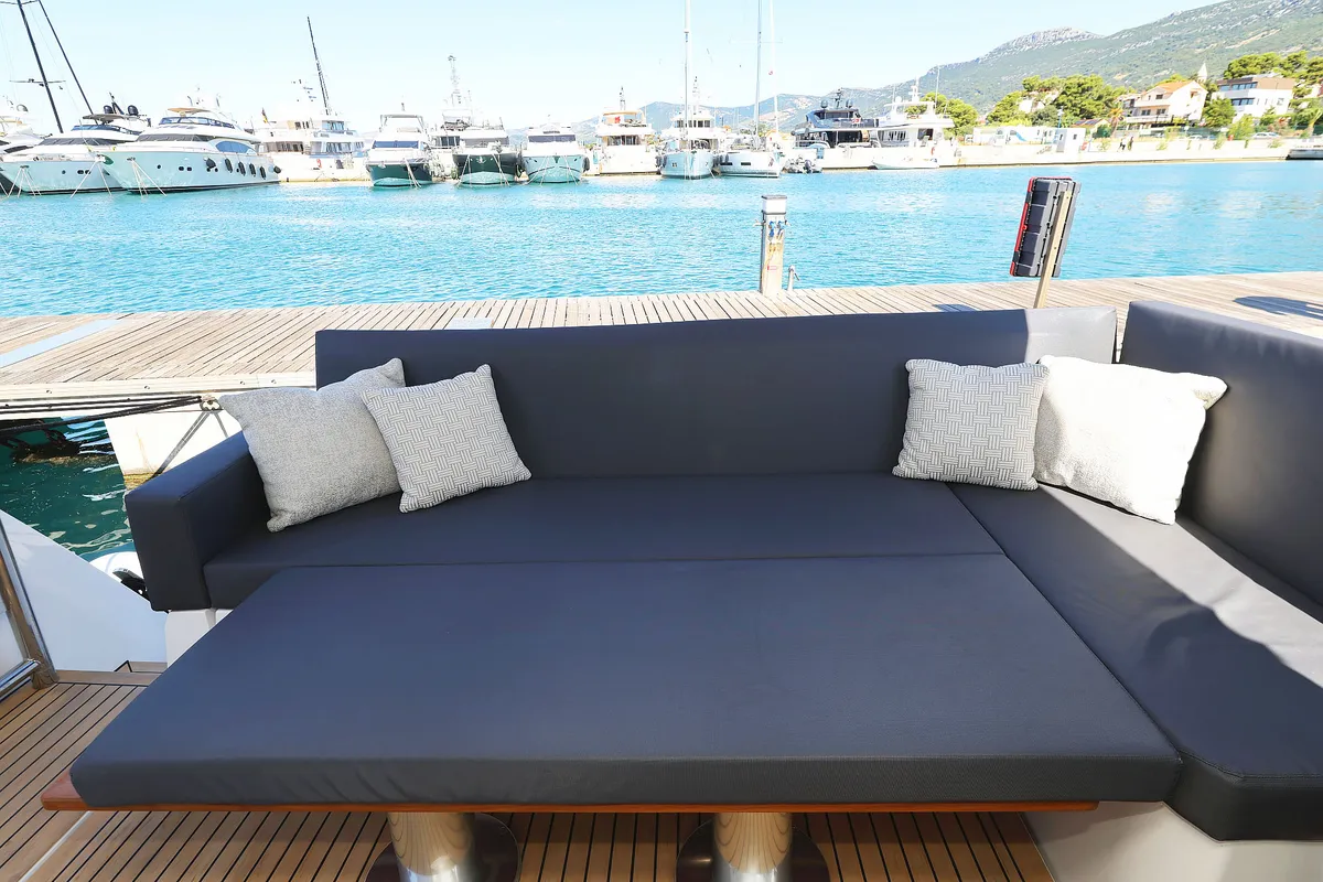 Deck of Tireless, a Sealine C390 motor yacht at Grad Kaštela, Croatia