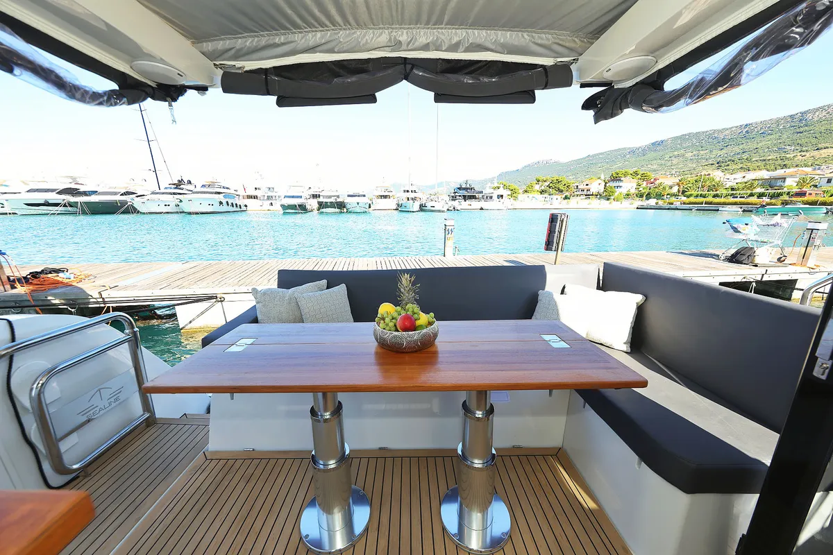 Deck of Tireless, a Sealine C390 motor yacht at Grad Kaštela, Croatia