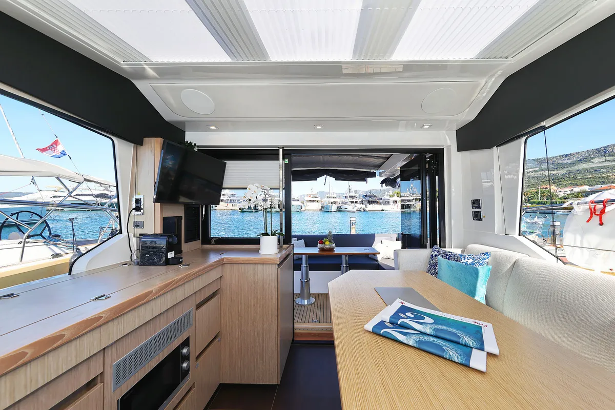 Salon of Tireless, a Sealine C390 motor yacht at Grad Kaštela, Croatia