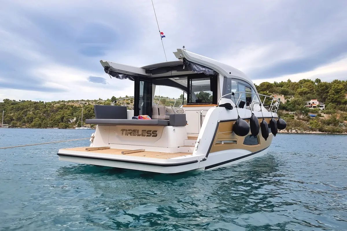 Exterior view of Tireless, a Sealine C390 motor yacht at Grad Kaštela, Croatia