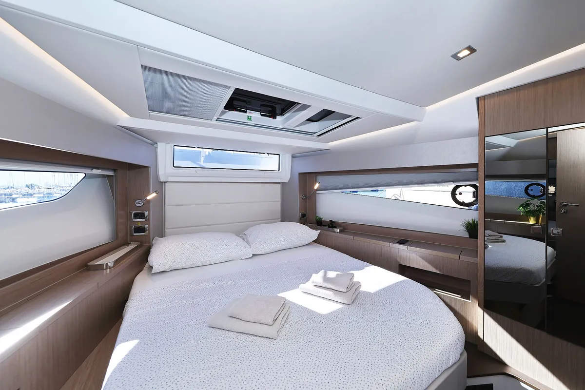 Cabin on Tireless, a Sealine C390 motor yacht at Grad Kaštela, Croatia