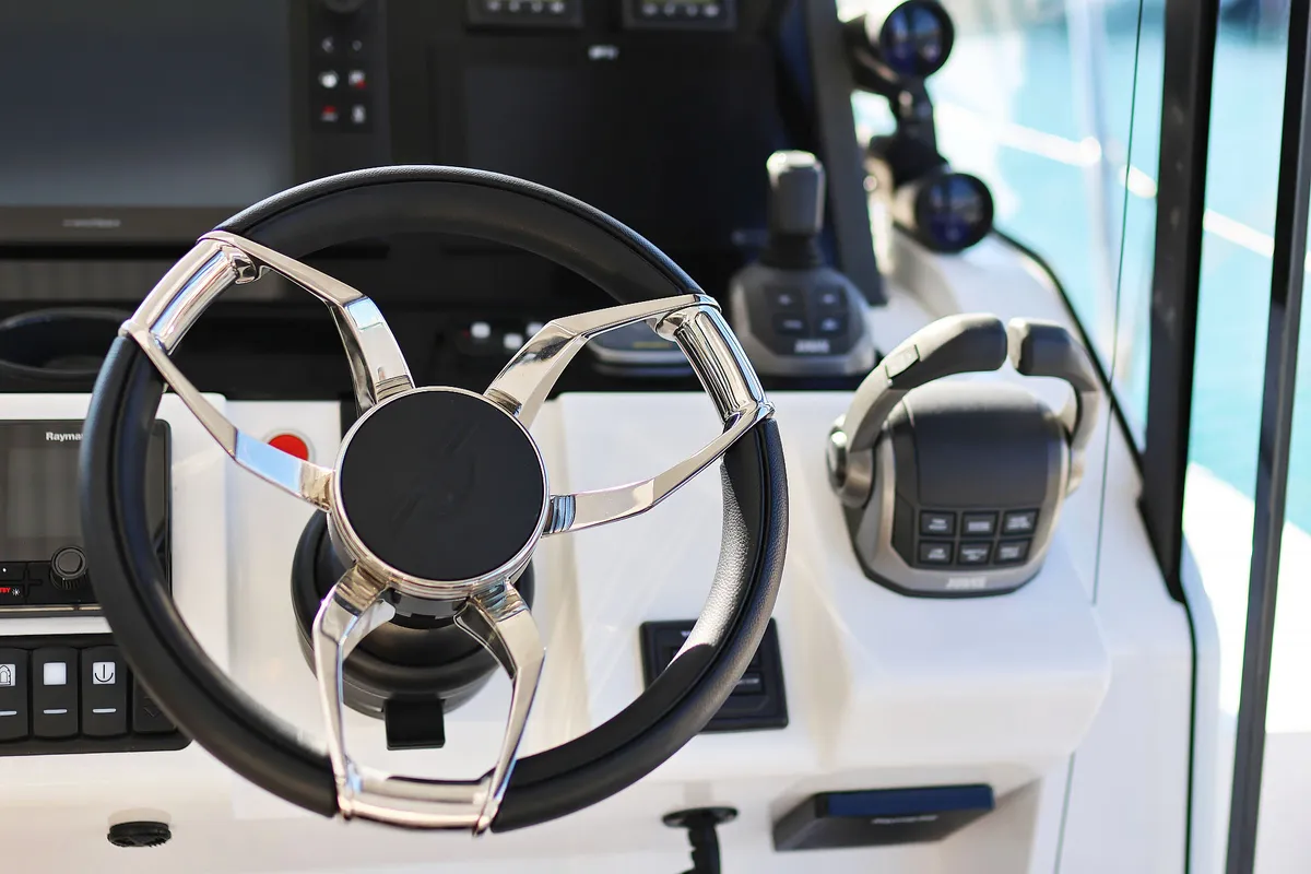 Cockpit of Tireless, a Sealine C390 motor yacht at Grad Kaštela, Croatia