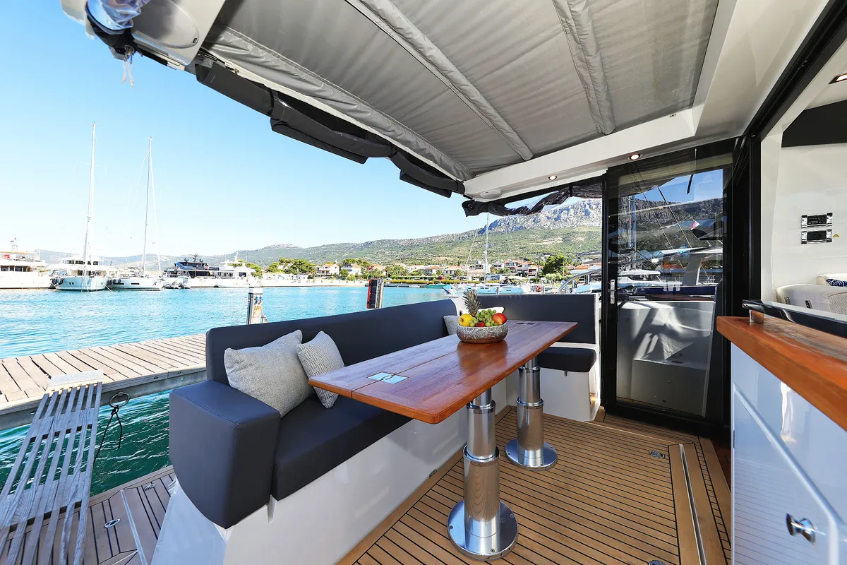 Deck of Tireless, a Sealine C390 motor yacht at Grad Kaštela, Croatia