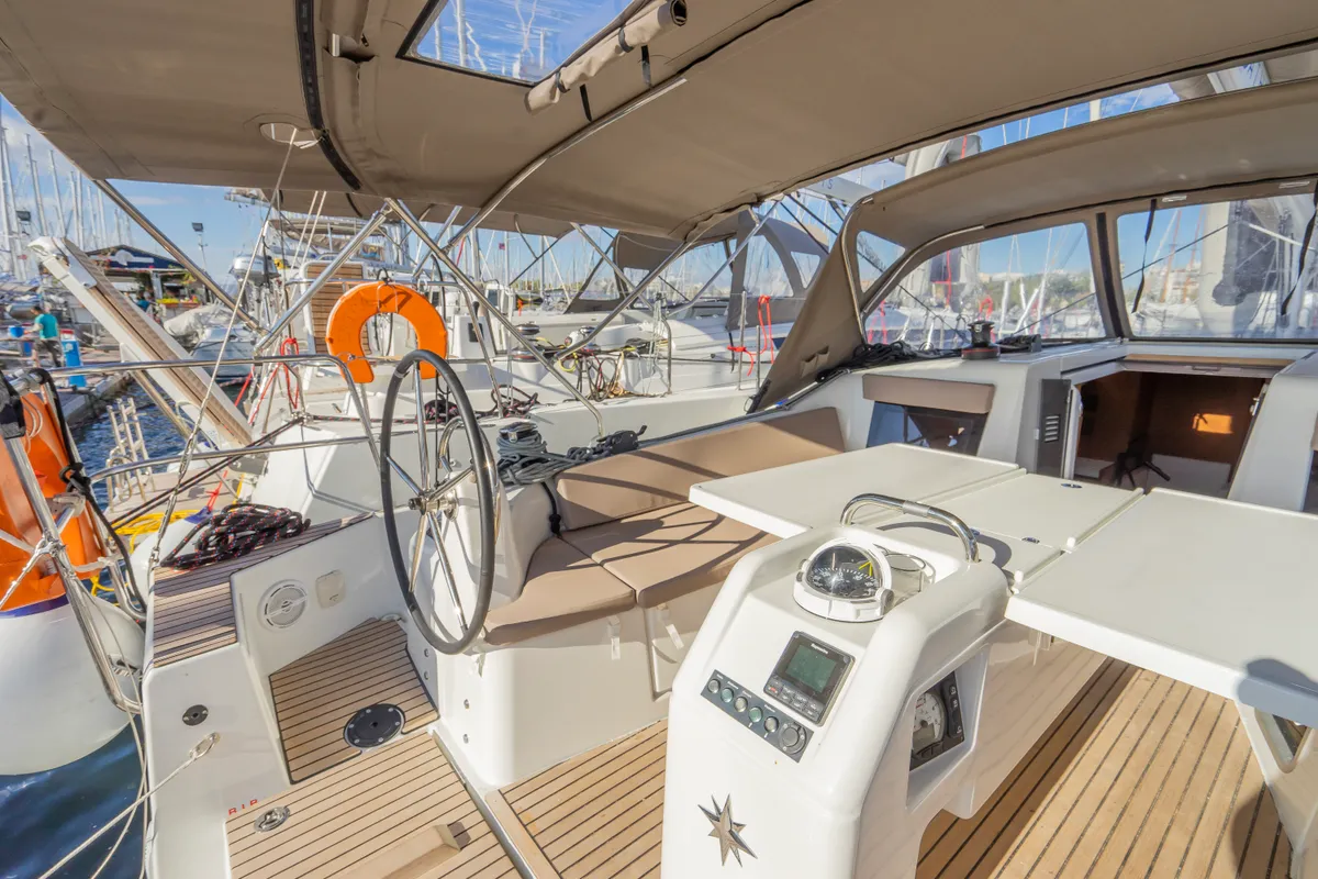 Cockpit of High Time, a Jeanneau Sun Odyssey 410 sailboat at Lavreotiki Municipal Unit, Greece