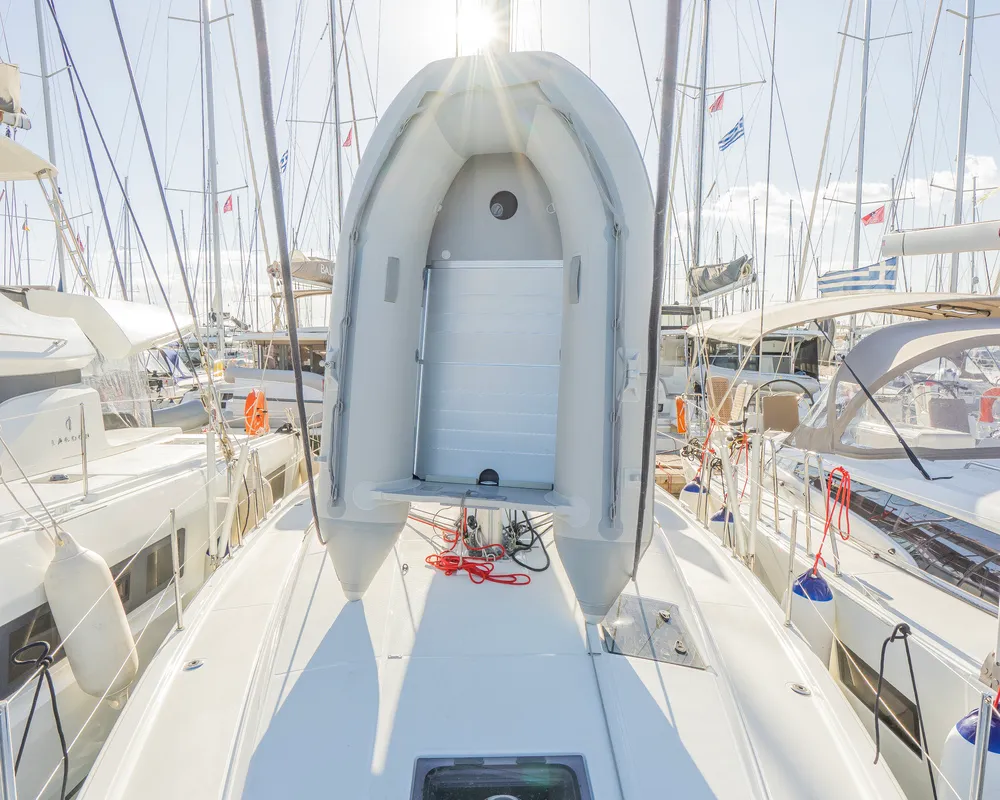 Exterior view of High Time, a Jeanneau Sun Odyssey 410 sailboat at Lavreotiki Municipal Unit, Greece