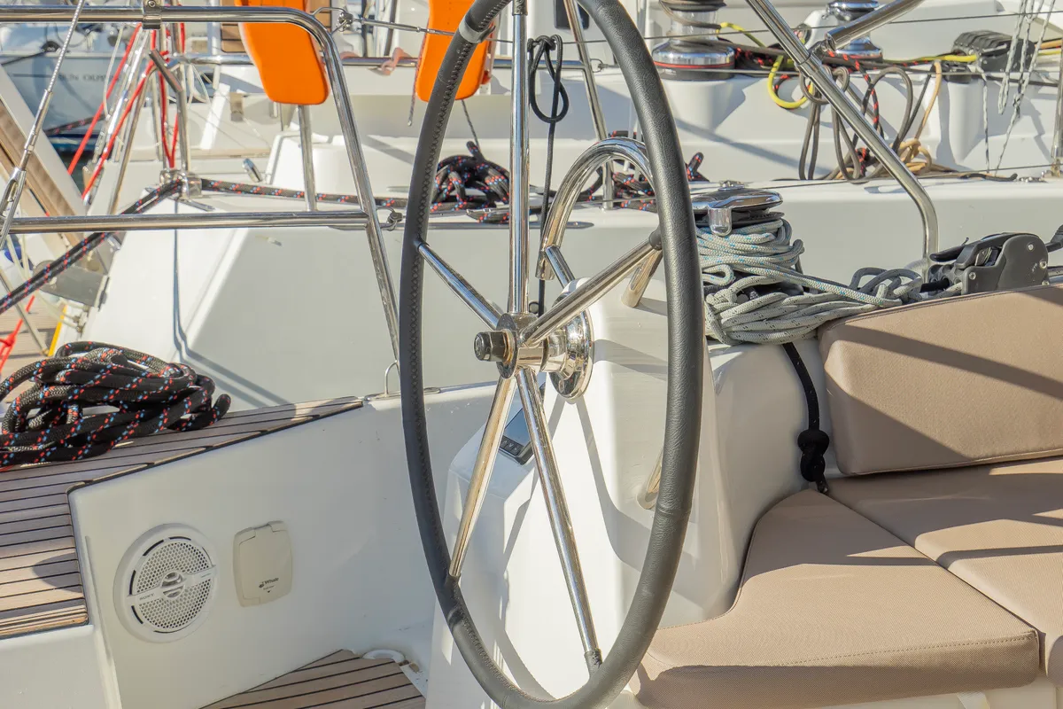 Cockpit of High Time, a Jeanneau Sun Odyssey 410 sailboat at Lavreotiki Municipal Unit, Greece