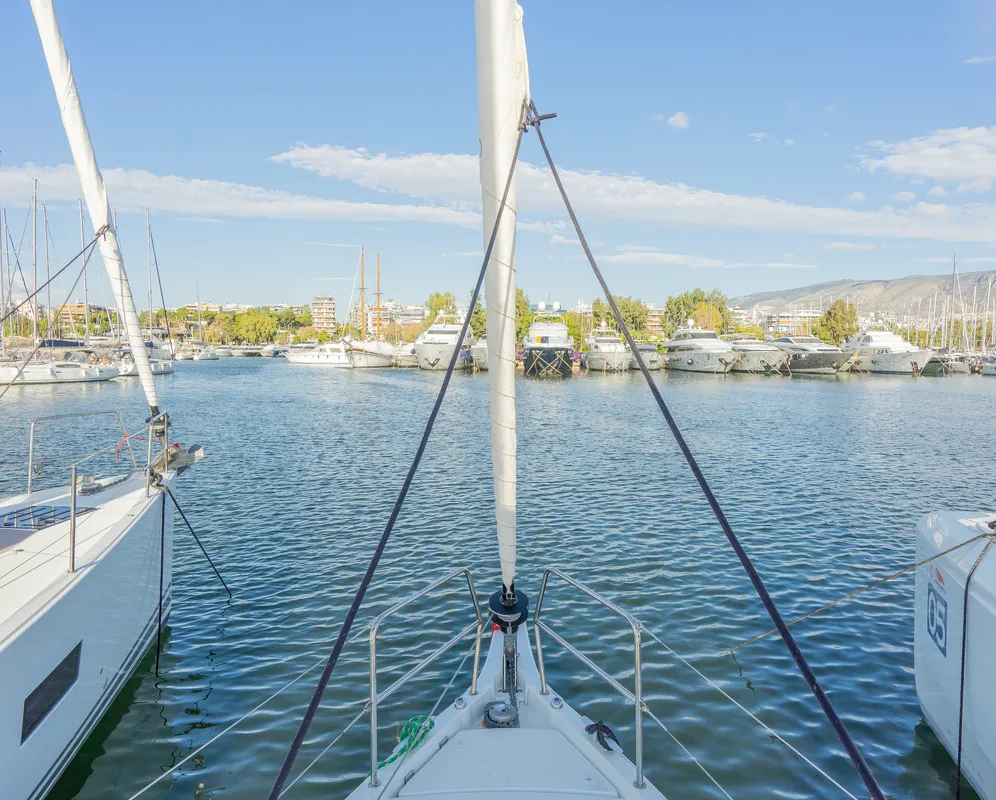 Exterior view of High Time, a Jeanneau Sun Odyssey 410 sailboat at Lavreotiki Municipal Unit, Greece