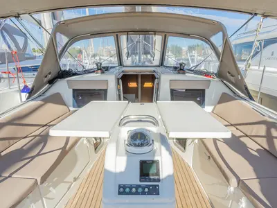 Cockpit of High Time, a Jeanneau Sun Odyssey 410 sailboat at Lavreotiki Municipal Unit, Greece
