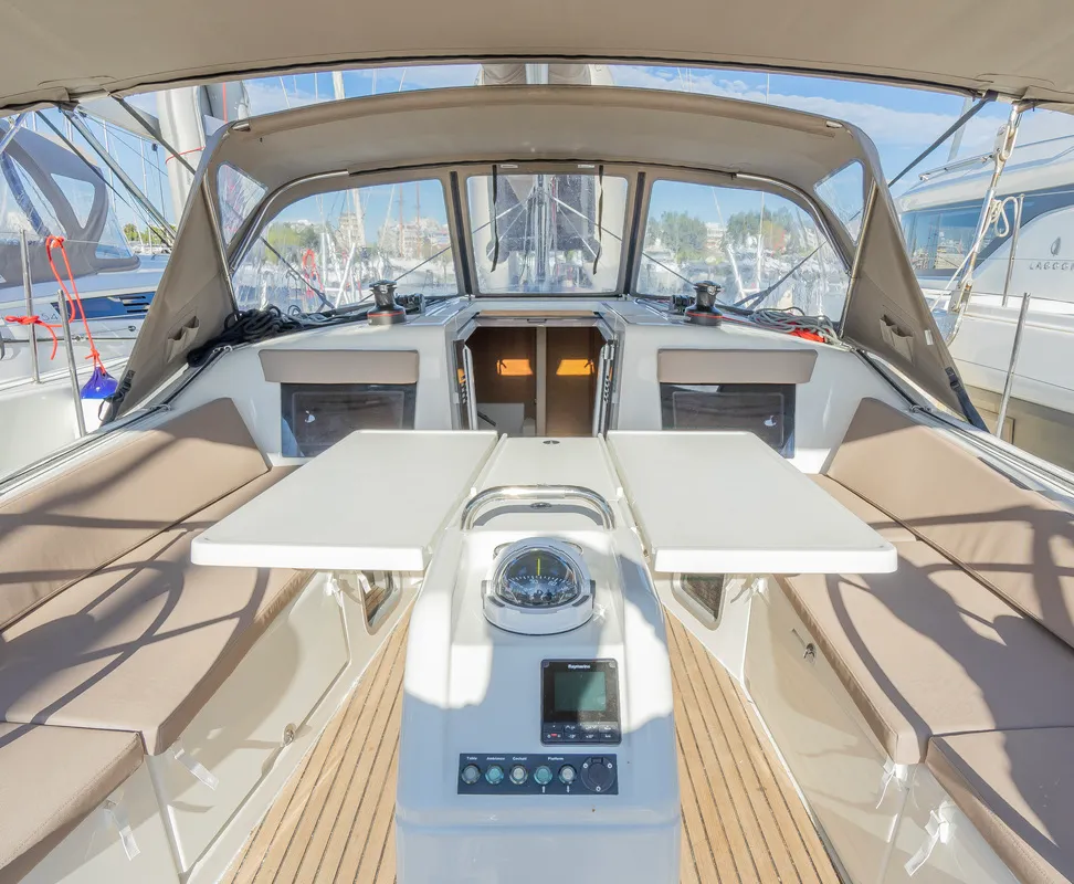 Cockpit of High Time, a Jeanneau Sun Odyssey 410 sailboat at Lavreotiki Municipal Unit, Greece