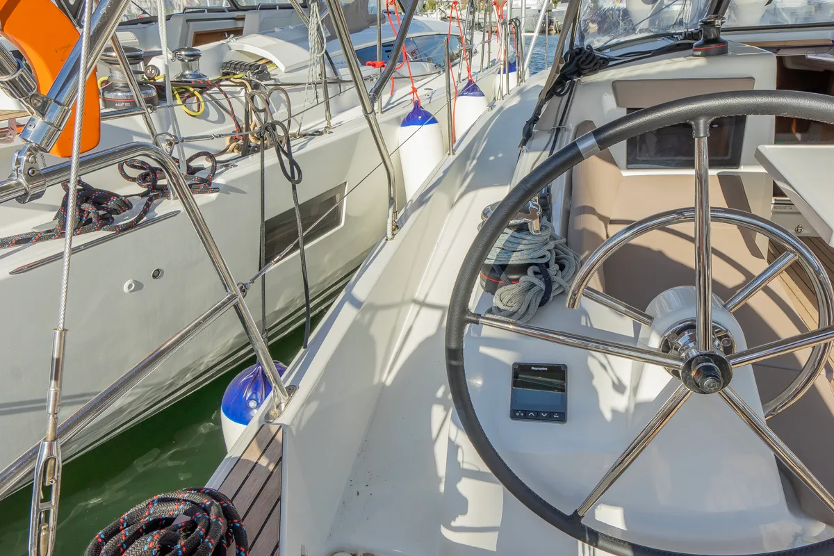 Deck of High Time, a Jeanneau Sun Odyssey 410 sailboat at Lavreotiki Municipal Unit, Greece