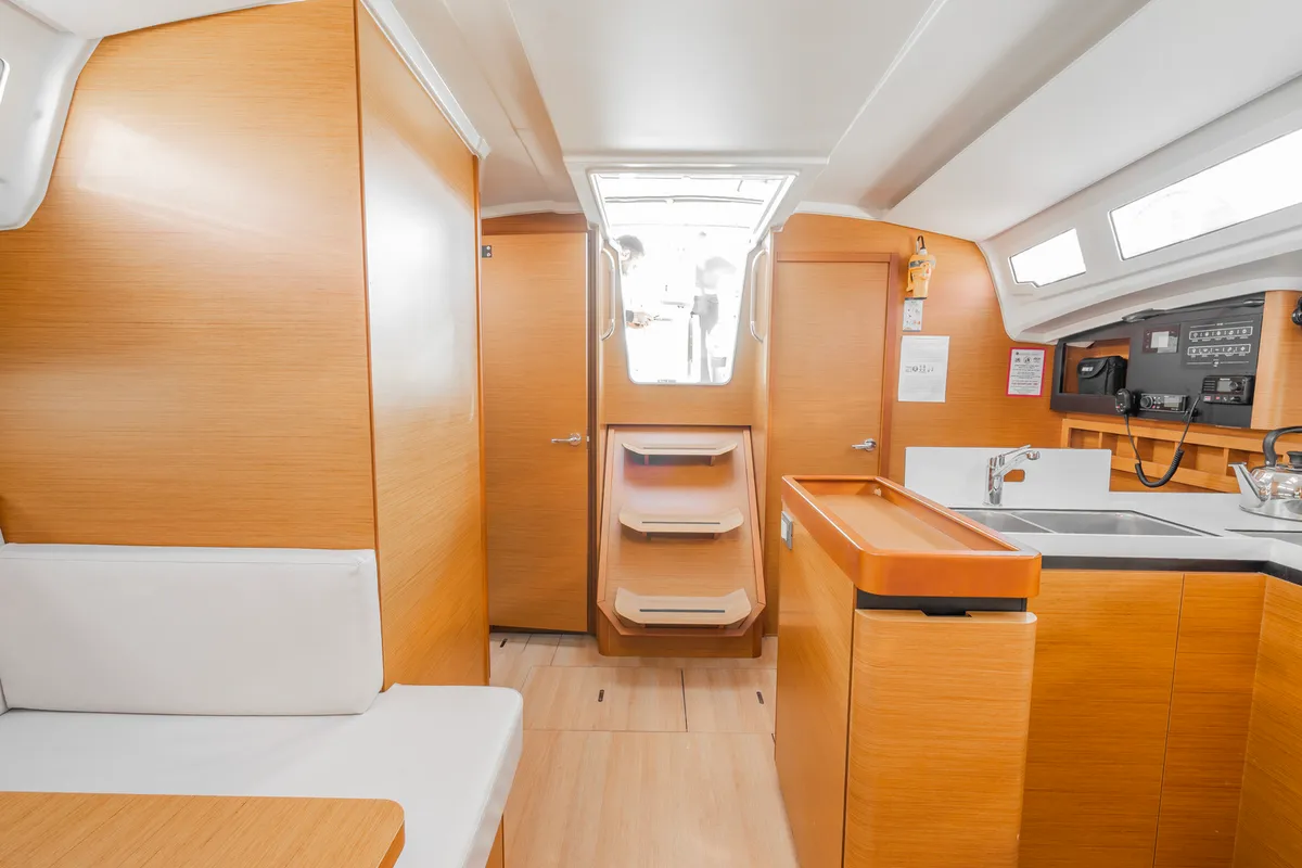 Salon of High Time, a Jeanneau Sun Odyssey 410 sailboat at Lavreotiki Municipal Unit, Greece