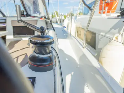 Deck of High Time, a Jeanneau Sun Odyssey 410 sailboat at Lavreotiki Municipal Unit, Greece