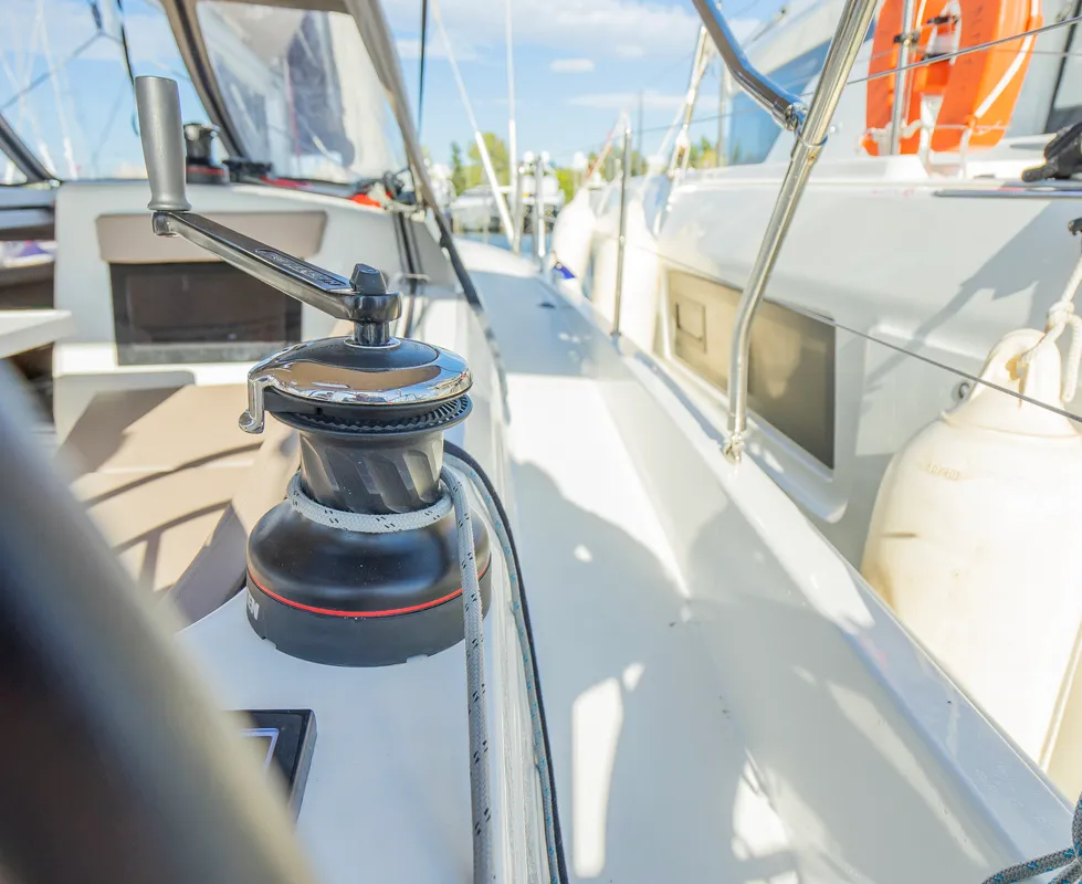 Deck of High Time, a Jeanneau Sun Odyssey 410 sailboat at Lavreotiki Municipal Unit, Greece