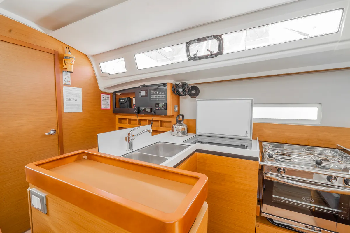 Galley of High Time, a Jeanneau Sun Odyssey 410 sailboat at Lavreotiki Municipal Unit, Greece