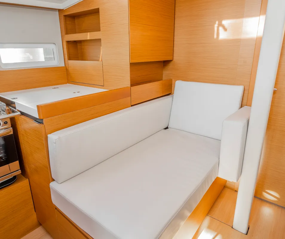 Salon of High Time, a Jeanneau Sun Odyssey 410 sailboat at Lavreotiki Municipal Unit, Greece